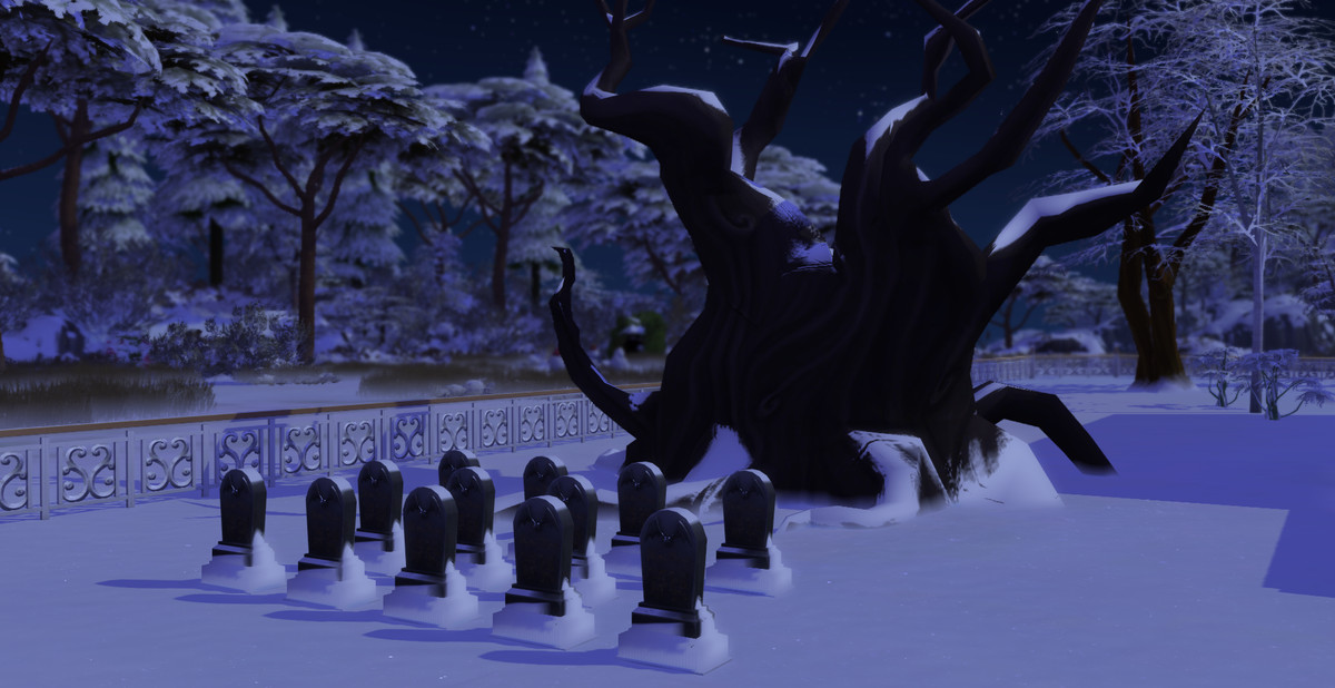 Los Sims 4: un pequeño cementerio junto a un gigantesco y retorcido roble muerto por la noche