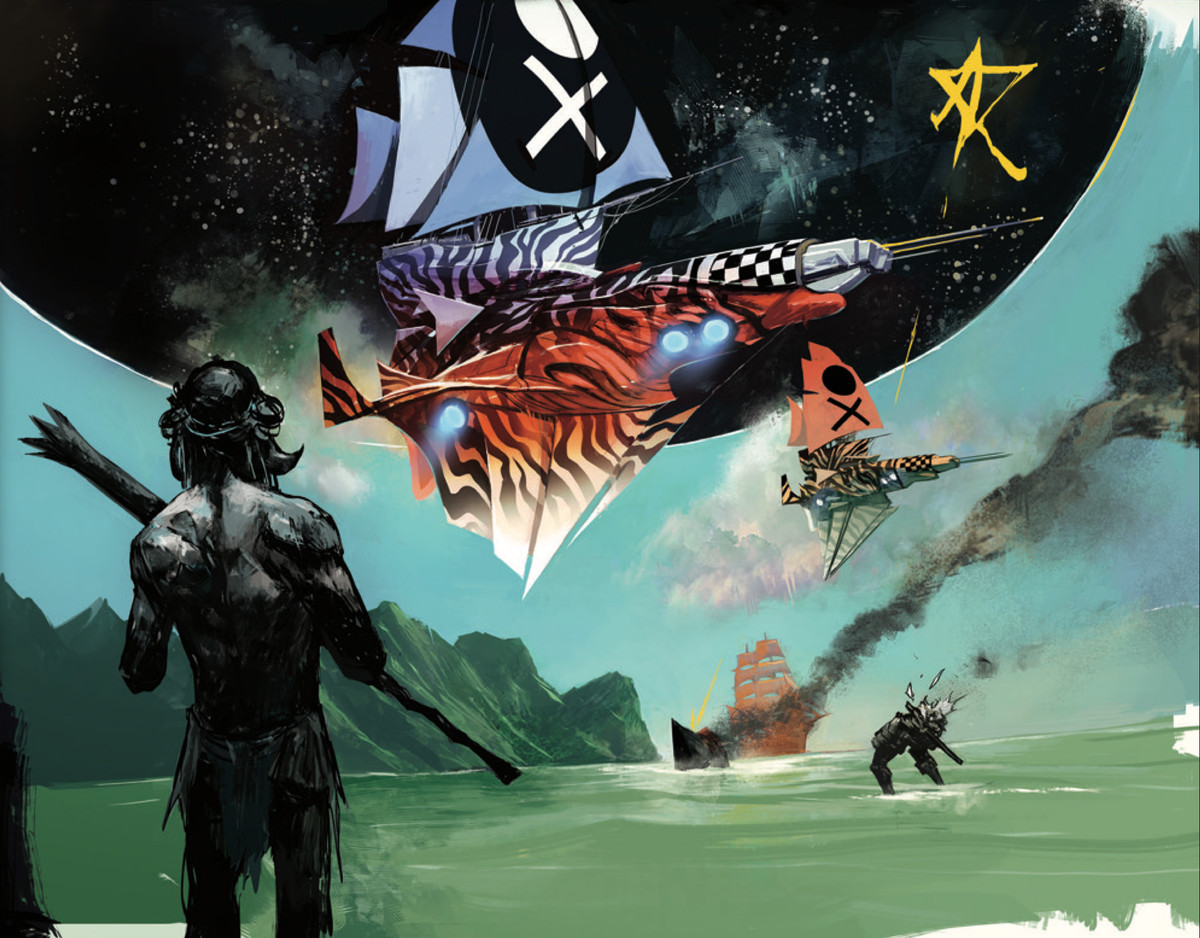 Nativos alienígenas y colonizadores de robots se paran en la costa de un planeta extraño, mientras el cielo se abre al vacío negro y las naves espaciales de cebra / tablero de ajedrez caen del agujero, en Decorum # 1, Image Comics (2020). 