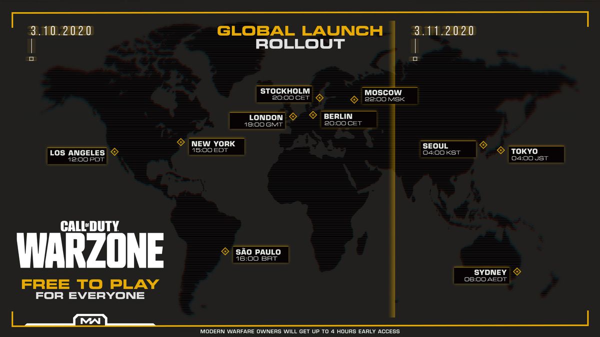 Un mapa de los tiempos de lanzamiento de Call of Duty: Warzone