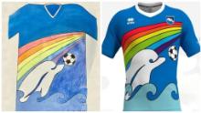 El diseño ganador de Luigi D. Agostino presenta un delfín, el símbolo del club Pescara, jugando al fútbol en el mar.