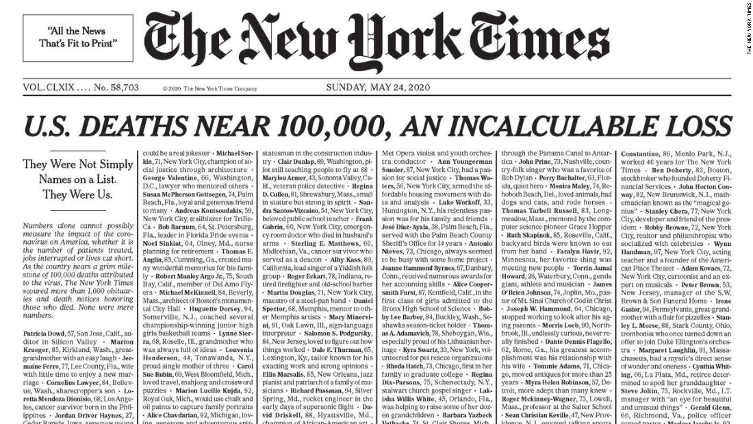 The New York Times publica una edición con los nombres de 1,000 víctimas de coronavirus