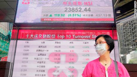Una mujer con una máscara facial pasa junto a una junta bancaria electrónica que muestra el índice bursátil de Hong Kong en la Bolsa de Valores de Hong Kong el martes.