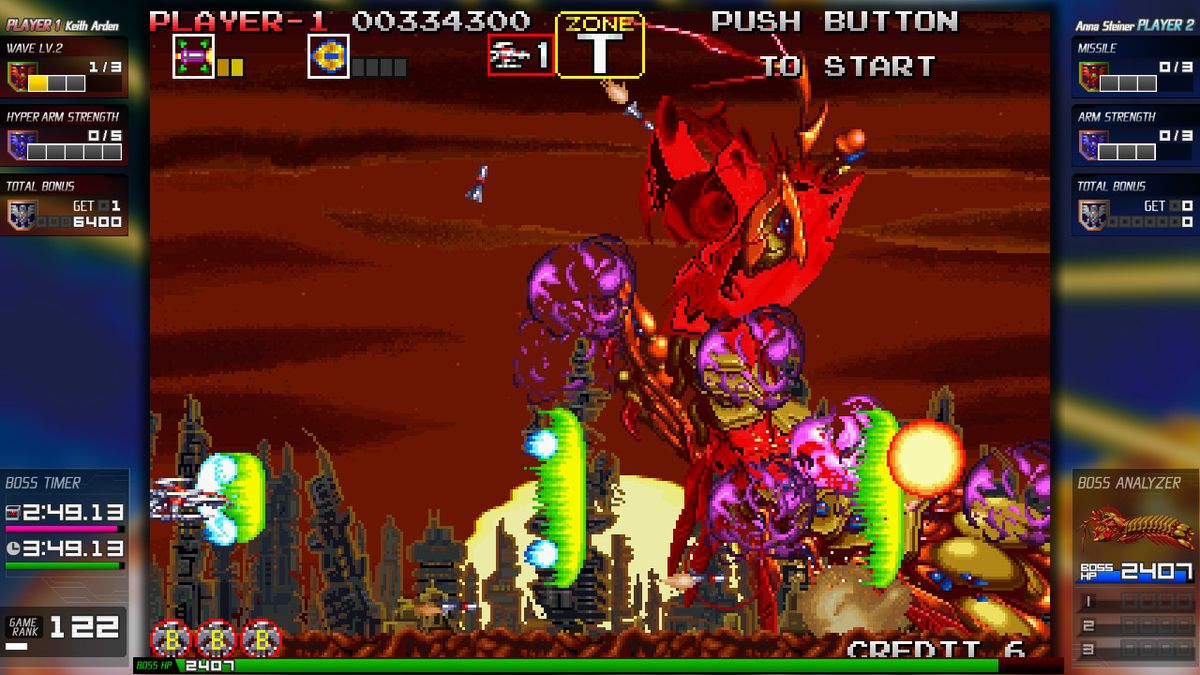 Una nave espacial ataca a un crustáceo alienígena gigante al atardecer en Darius Cozmic Collection en Nintendo Switch.